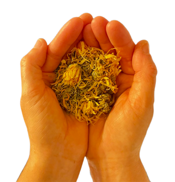 A person holding their hands over a pile of food.